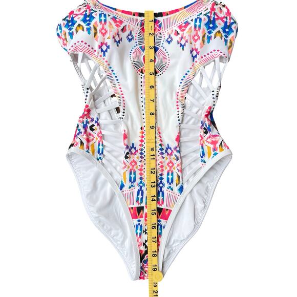Red Carter White Multicolor Aztec Print One Piece Cutout Swimsuit - Small (6) - Picture 14 of 16